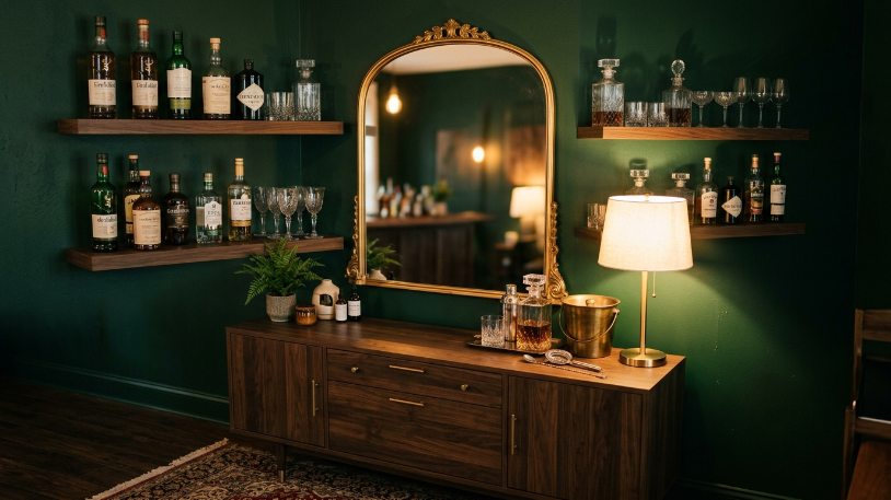 Arched gold mirror and floating shelves used as a bar backdrop showing how to style a home bar on a sideboard against a deep green wall.