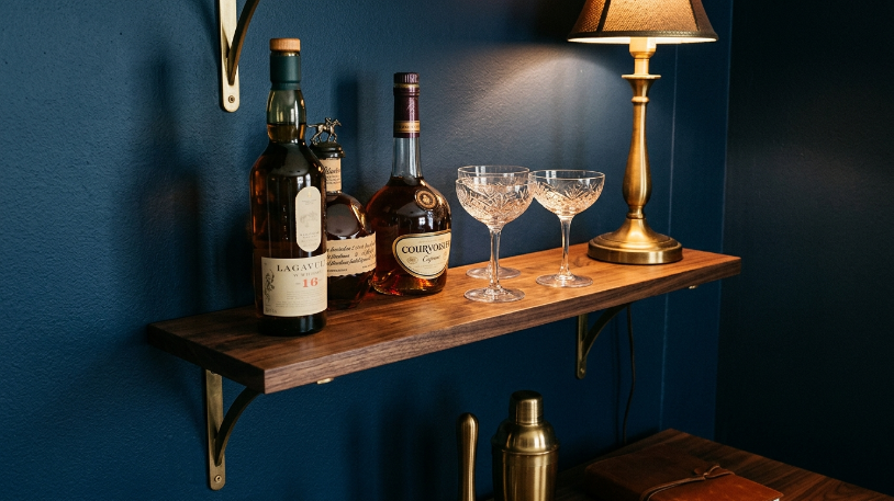 Deep navy and warm brass home bar color palette showing how to style a home bar with a rich and moody layered color scheme.