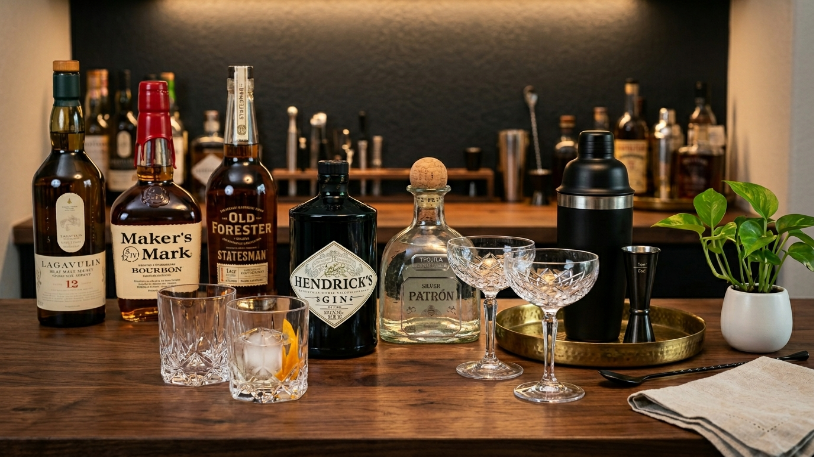 Styled home bar surface with staggered bottles, paired glassware, and a brass tray showing exactly how to style a home bar arrangement.