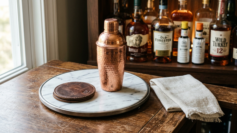 Layered textures on a home bar surface including marble, copper, leather, and linen showing how to style a home bar with real visual depth.