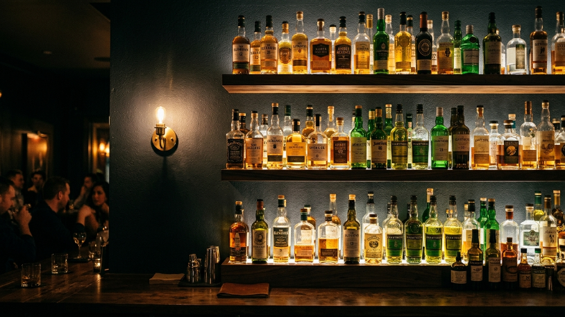 Backlit home bar shelving with warm LED strip lights showing how to style a home bar with dramatic and layered lighting effects.