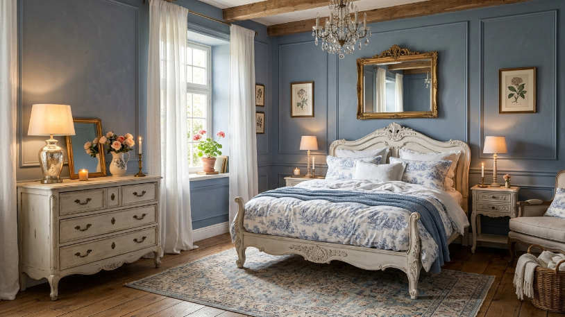 French country blue and white bedroom ideas with carved white bed frame and blue toile bedding