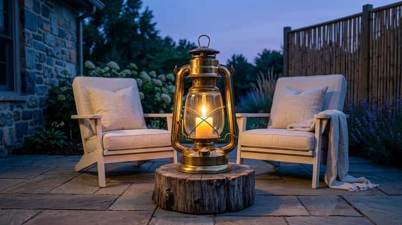 Thrifted brass lantern as a hero piece in outdoor living space ideas on a budget.