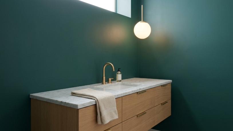 Deep teal bathroom wall behind a white oak floating vanity with white marble countertop, undermount sink, and brushed gold hardware